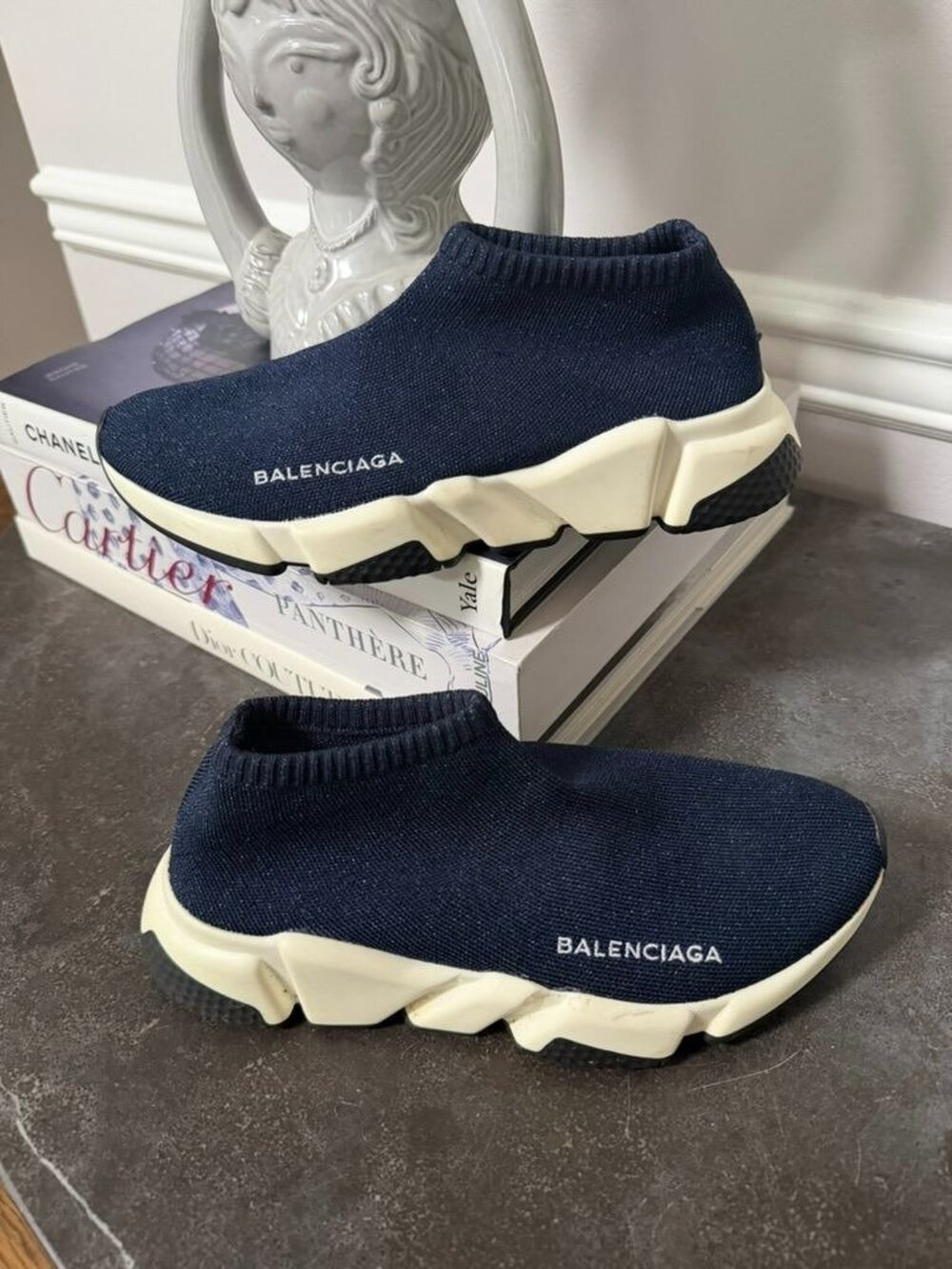 Balenciaga Speed Trainer Size 37 Navy Blue Knit Fabric High Top Sneakers